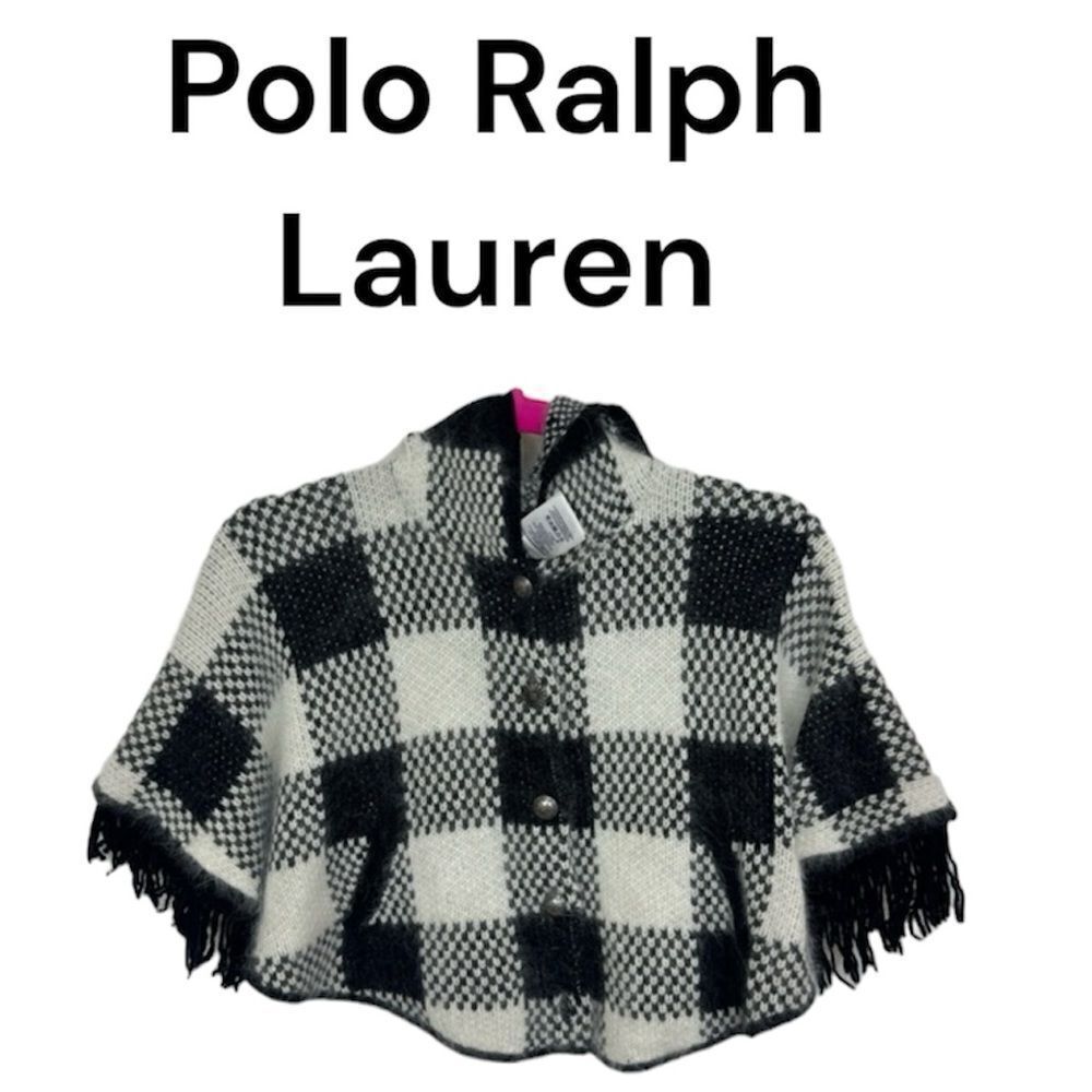 NEW Polo Ralph Lauren Lambswool Alpaca Wool Plaid Fringe Hooded Poncho Black 4T
